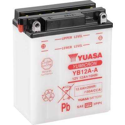 Baterija Yuasa, model YB12A-A, 12 volta, 12Ah. Sadrži oznake razina punjenja i simbole za sigurnosne i upute za odlaganje.