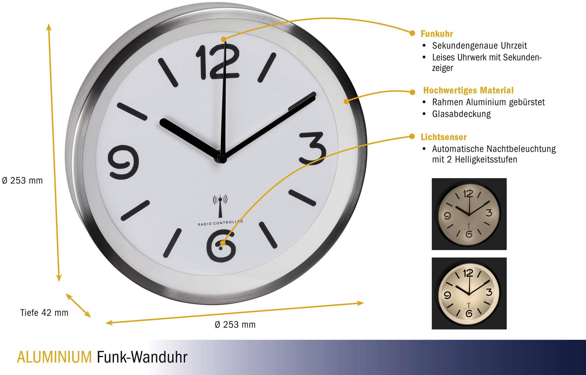 Zidni sat od aluminija 'Aluminium Funk-Wanduhr' s preciznim prikazom sekundi. Okvir od brušenog aluminija, stakleni poklopac, automatsko noćno osvjetljenje.