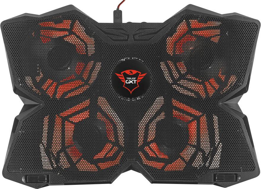 Crni hladnjak za laptop s crvenim LED osvjetljenjem, četiri ventilatora i Trust GXT logotipom u sredini. Idealan za gaming laptope.