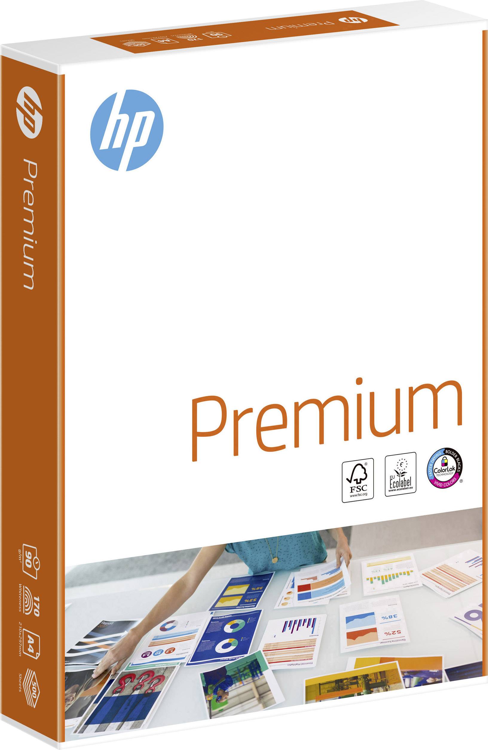 HP Premium papir za printer u pakiranju s plavim HP logotipom, certificiran za eukaliptus. Slika prikazuje šarene dijagrame na stolu.