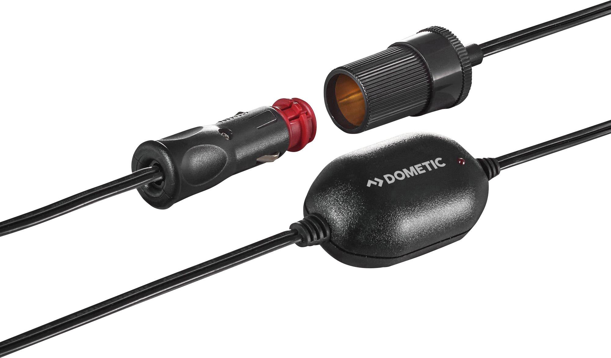 Crni kabel s utikačem za upaljač i priključkom, povezan s okruglim Dometic adapterom.