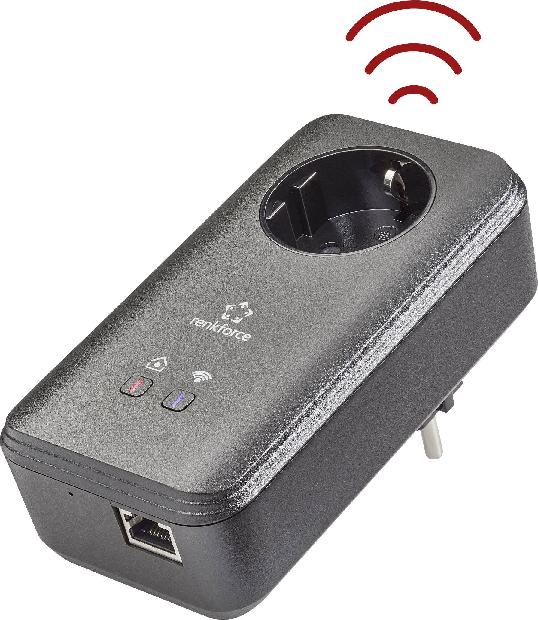 Utičnički adapter marke Renkforce s WLAN simbolom. Ima Ethernet priključak i gumbe za mrežne postavke.