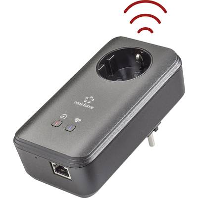 Utičnički adapter marke Renkforce s WLAN simbolom. Ima Ethernet priključak i gumbe za mrežne postavke.
