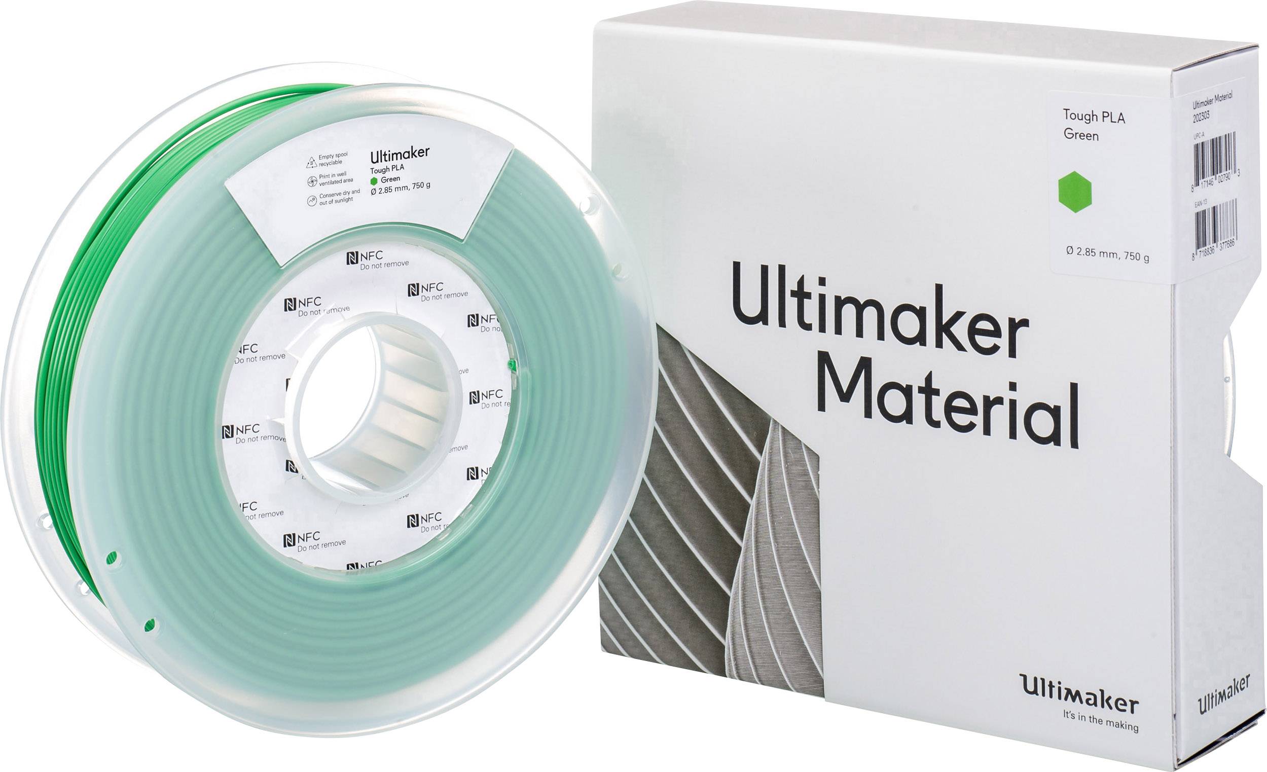 Zelena zavojnica filamenta s pakirnom kutijom. Tekst na kutiji: 'Ultimaker Material Tough PLA Green'. Prikladan za 3D printer.
