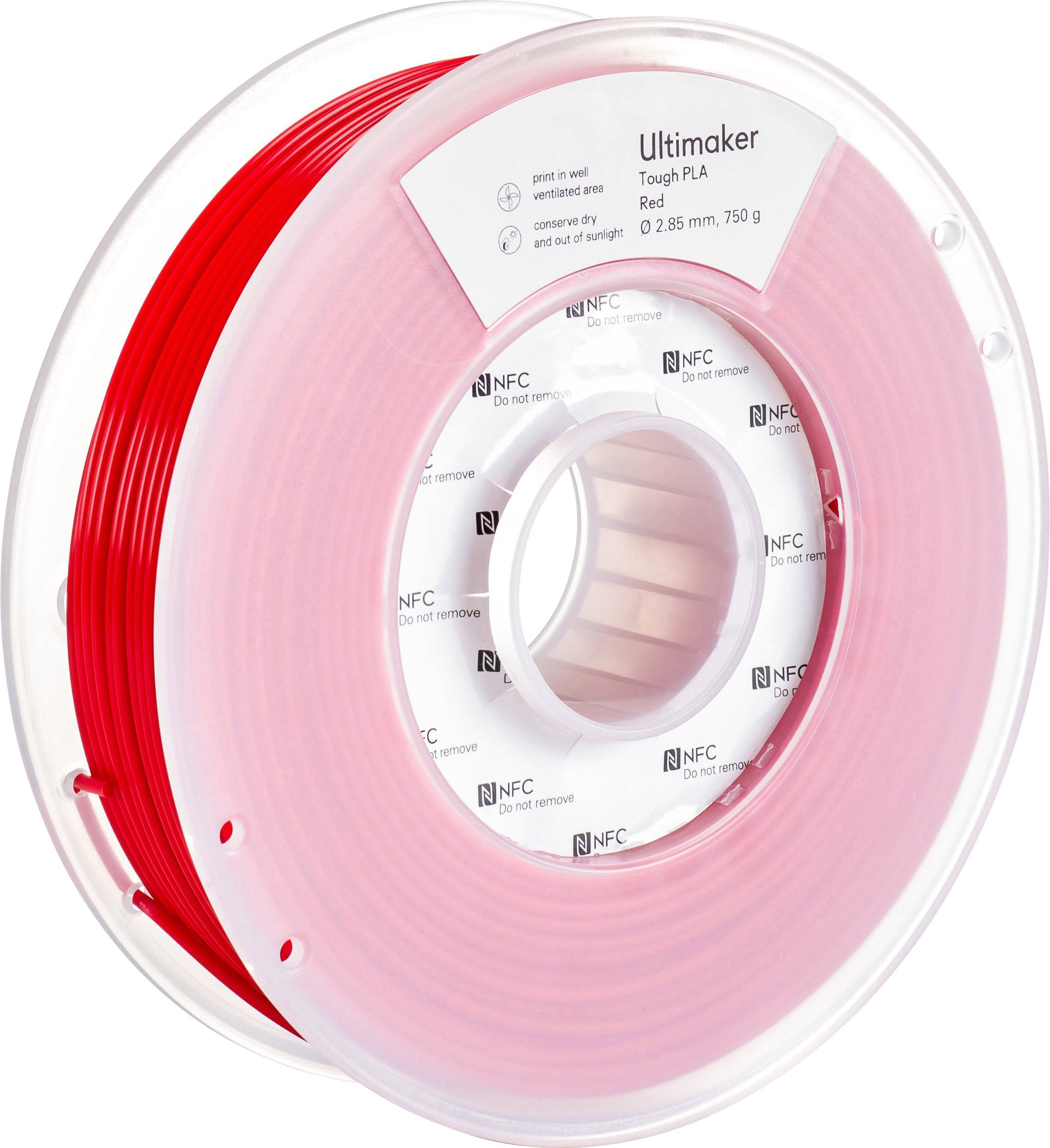 Crvena špula filamenta Ultimaker, model 'Tough PLA', promjer 2,85 mm, 750 g, s NFC oznakom za prepoznavanje materijala.