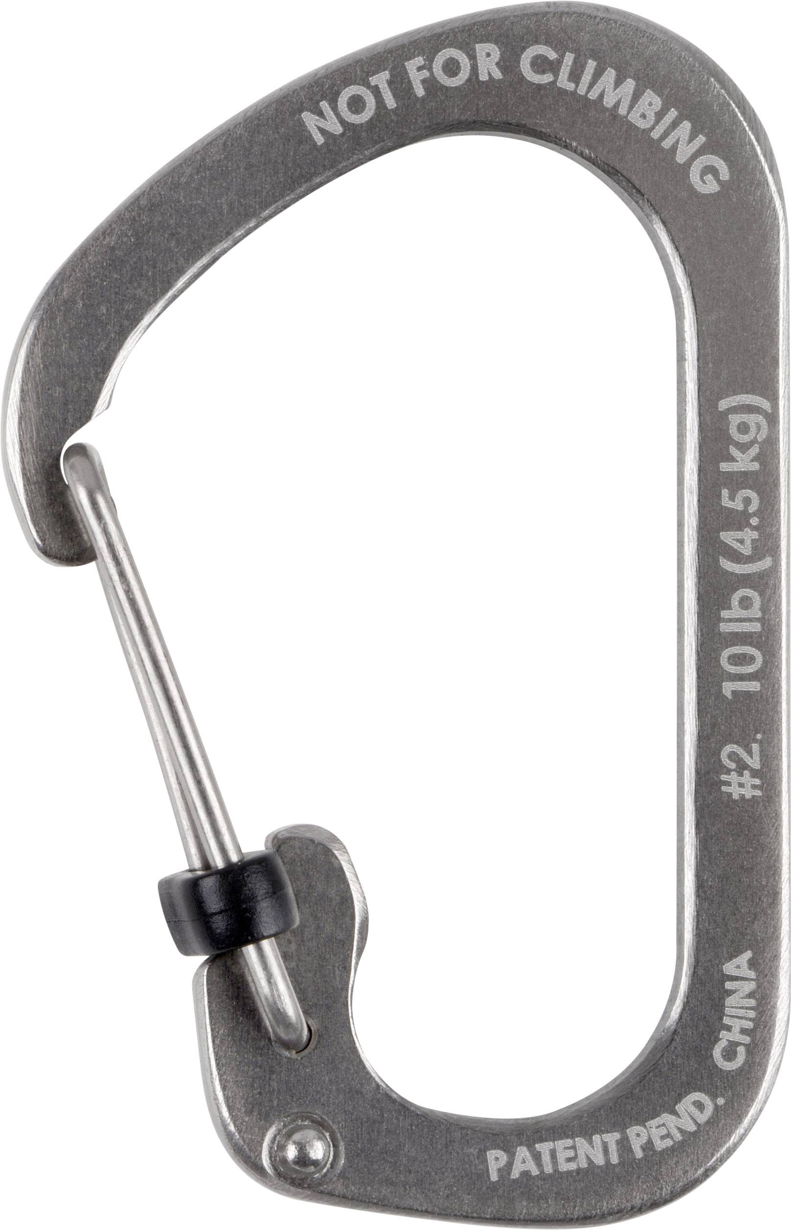 Srebrni karabiner s natpisom 'NOT FOR CLIMBING' i '10 lb (4,5 kg)'. Pogodan za lake predmete, nije namijenjen penjanju.