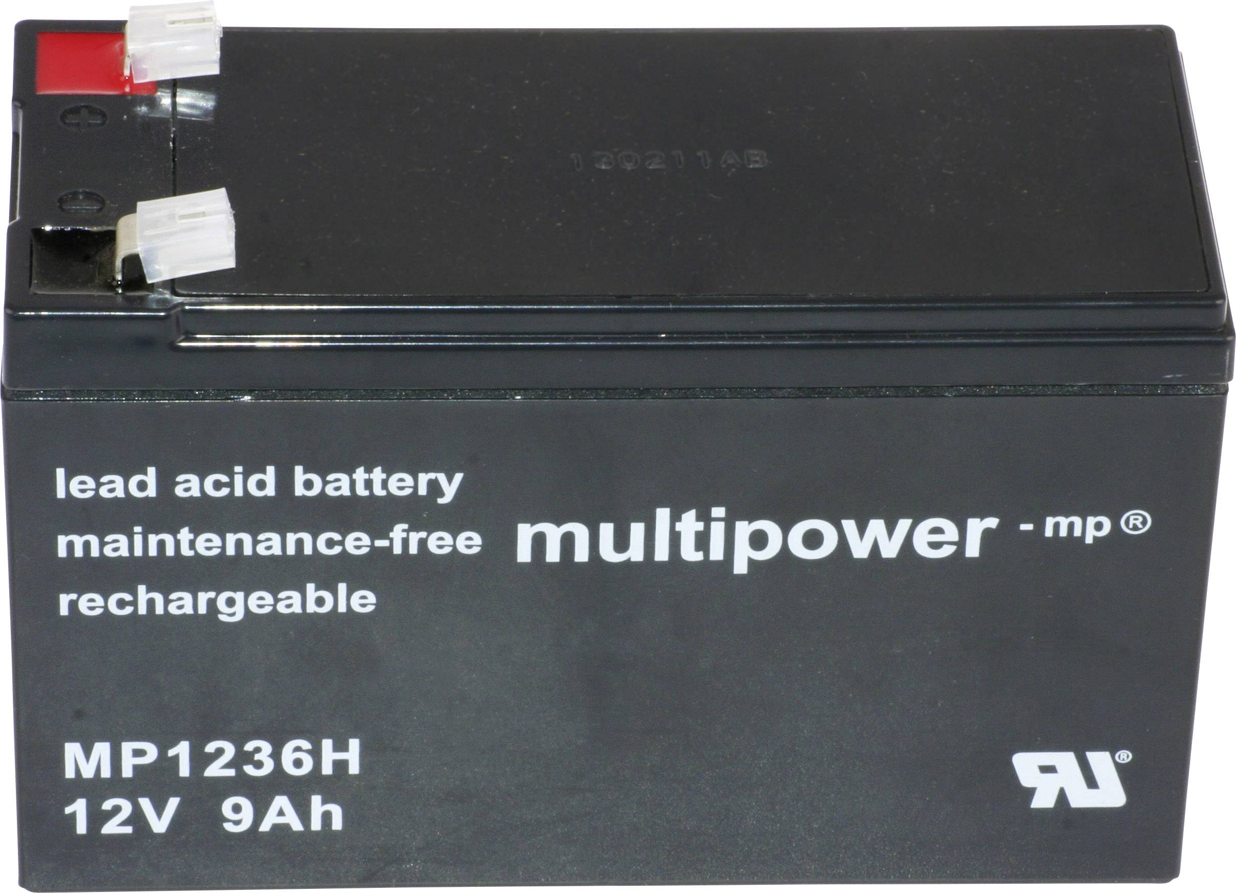Crna, bezdržavna, punjiva olovnokiselinska baterija od Multipowera, model MP1236H, 12V 9Ah, s tekstom naljepnice.