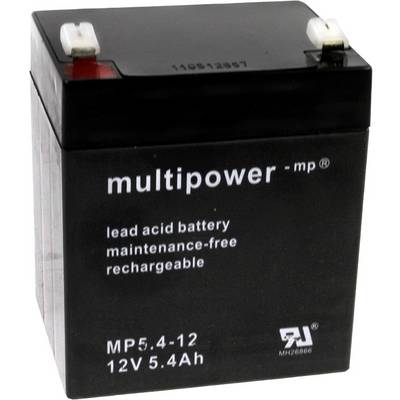 'Crna olovnokiselinska baterija s natpisom: "multipower - mp", 12V 5,4Ah, bez potrebe održavanja, punjiva. S dvije polne stezaljke.'