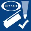 Logo 'DRY SAFE' na plavoj pozadini s kancelarskom spajalkom, markerom i kvačicom, koji pokazuje da marker ne presušuje čak ni bez poklopca.