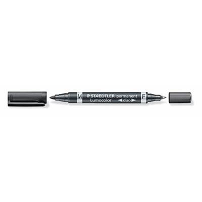 Crni Staedtler Lumocolor trajni marker s dva vrha, lijevo M za srednje, desno F za fine linije.