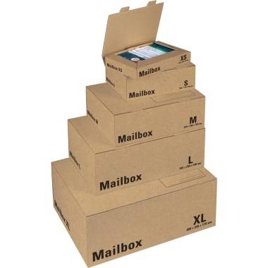 Pet slagljivih kutija veličina XS do XL, koje imaju poklopac koji se može otvoriti i riječ 'Mailbox' na svakoj kutiji.