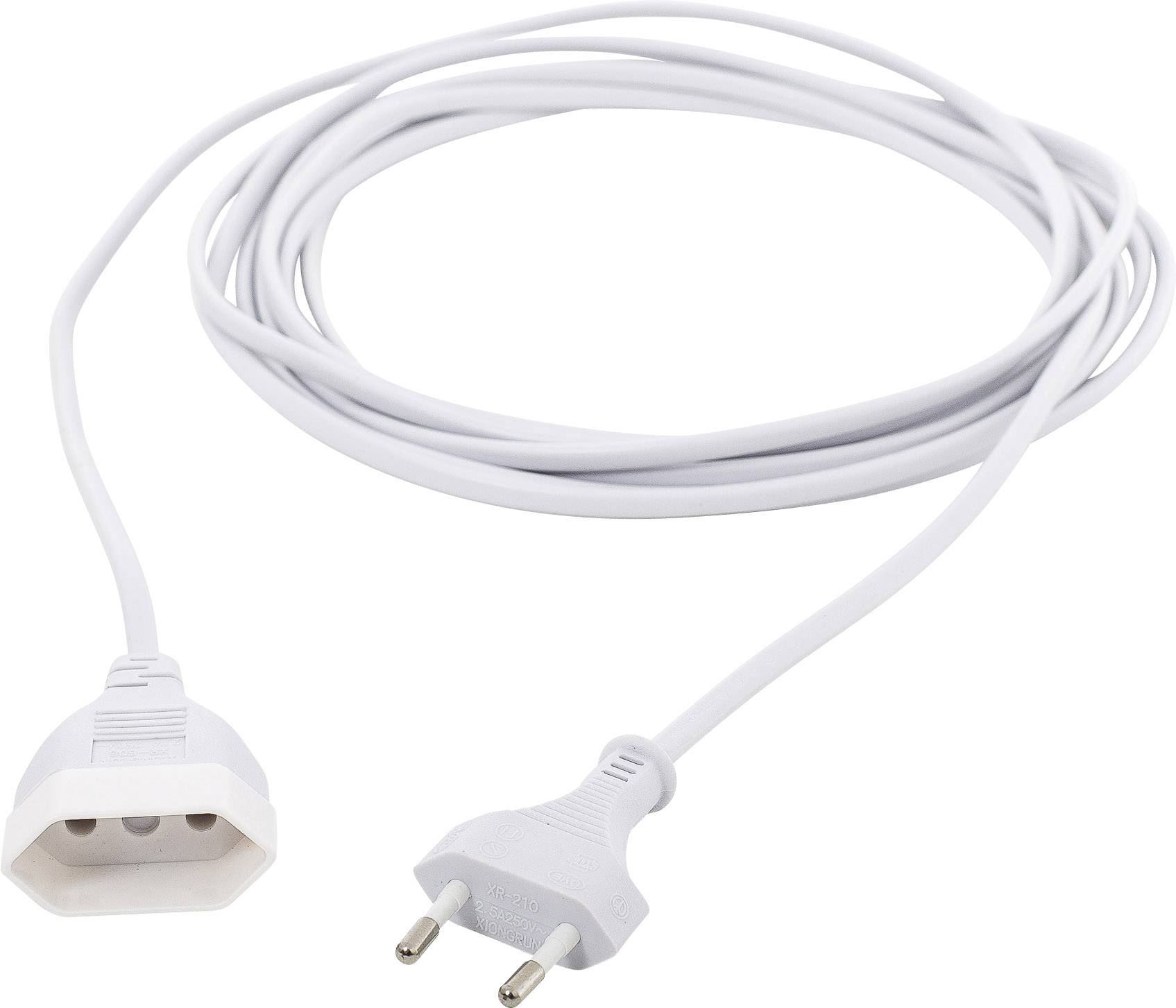 Dugi, bijeli produžni električni kabel s europskim utikačem i trostrukom utičnicom na drugom kraju.