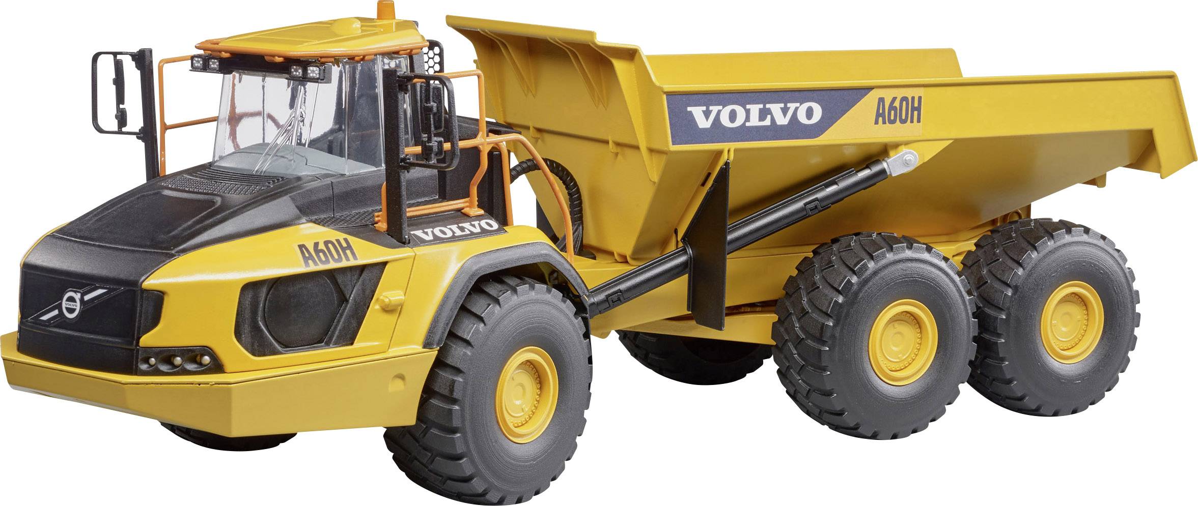 Žuti Volvo damperi model A60H sa šest velikih kotača i nagnutim tovarnim prostorom.
