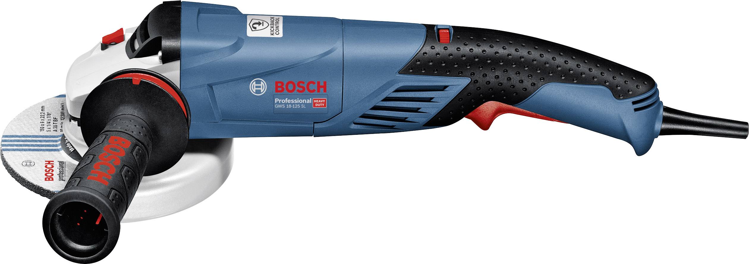 Plavi kutni brusilica marke Bosch s ergonomskom ručkom i sigurnosnim poklopcem. Idealan za brušenje i rezanje.