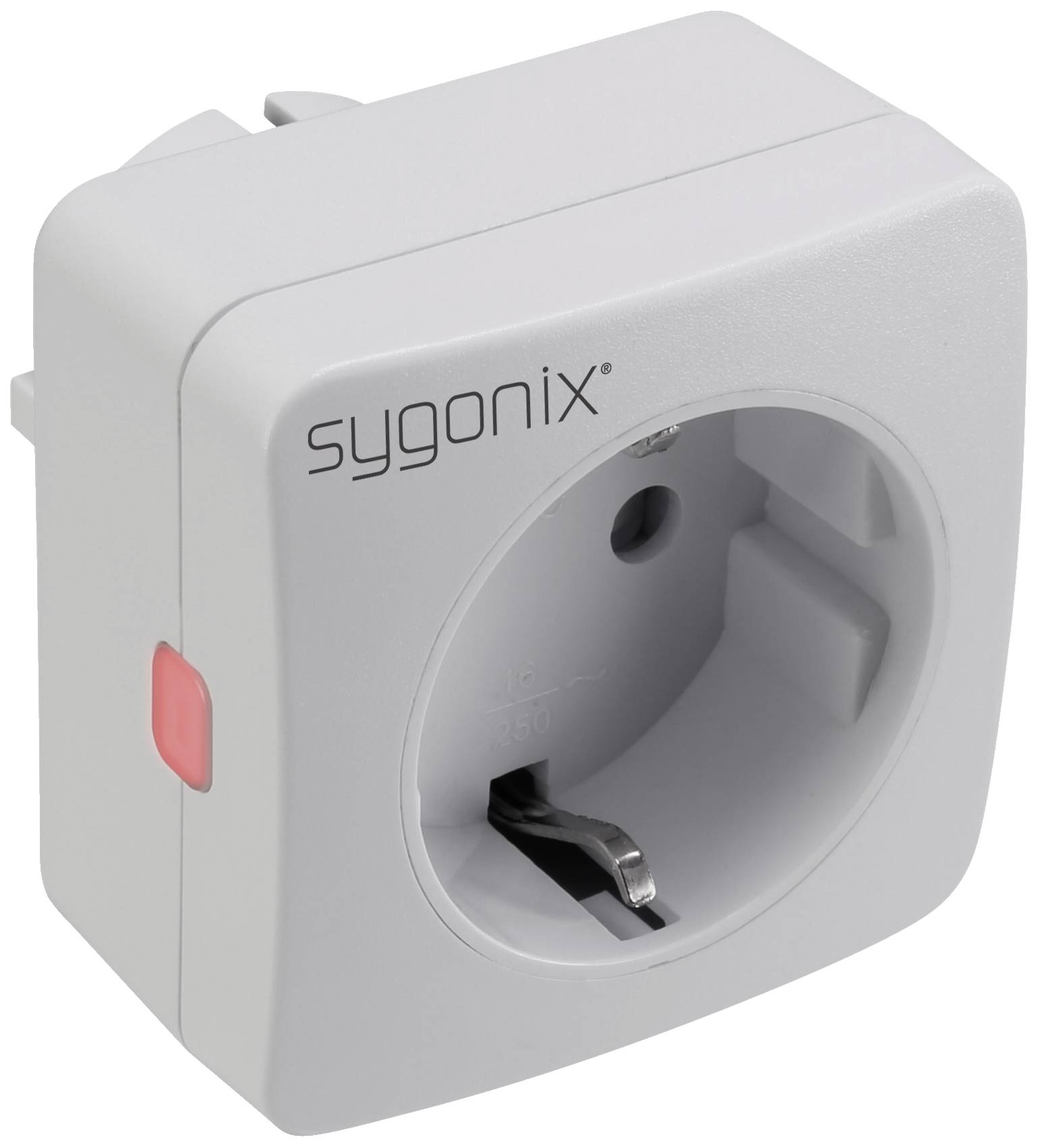 Bijela utičnica od sygonix-a pravokutnog dizajna s crvenim preklopnim prekidačem sa strane.