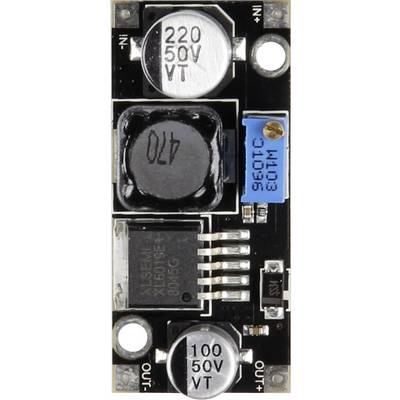 'DC-DC modul s različitim elektroničkim komponentama, uključujući kondenzatore i plavi potenciometar, za prilagodbu napona.'