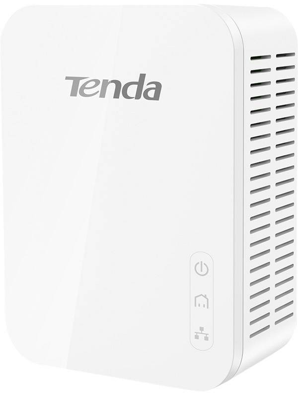 Slika prikazuje bijeli WLAN router marke Tenda. Ima ventilacijske otvore sa strane te tipke za uključivanje i WLAN povezivanje.