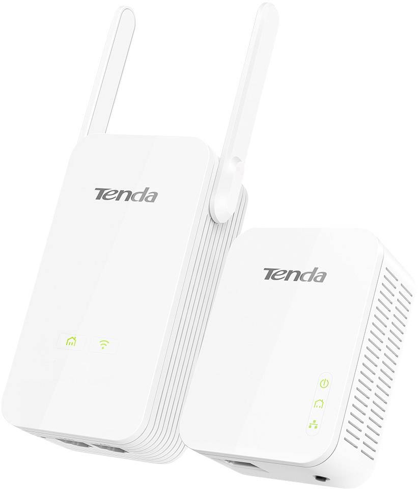 Dva bijela Tenda Powerline adaptera, svaki s po dvije antene i zelenim LED indikatorima koji signaliziraju bežičnu mrežnu vezu.
