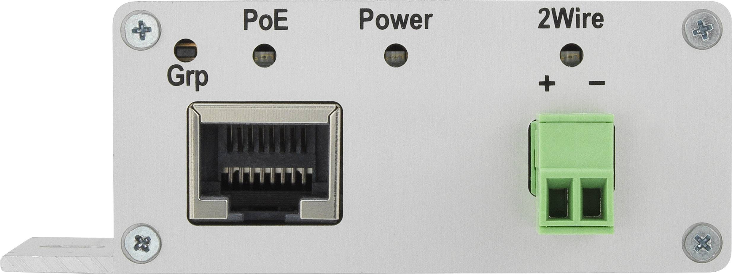 'Metalna ploča s PoE-, napajanja- i 2Wire priključcima; pored toga Ethernet port i zeleni dvopolni priključak.'