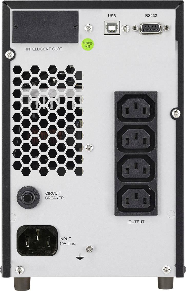 Pogled straga na UPS uređaju s ventilacijskom rešetkom, utičnicama za napajanje, USB i RS232 priključcima, oznaka 'Intelligent Slot'.