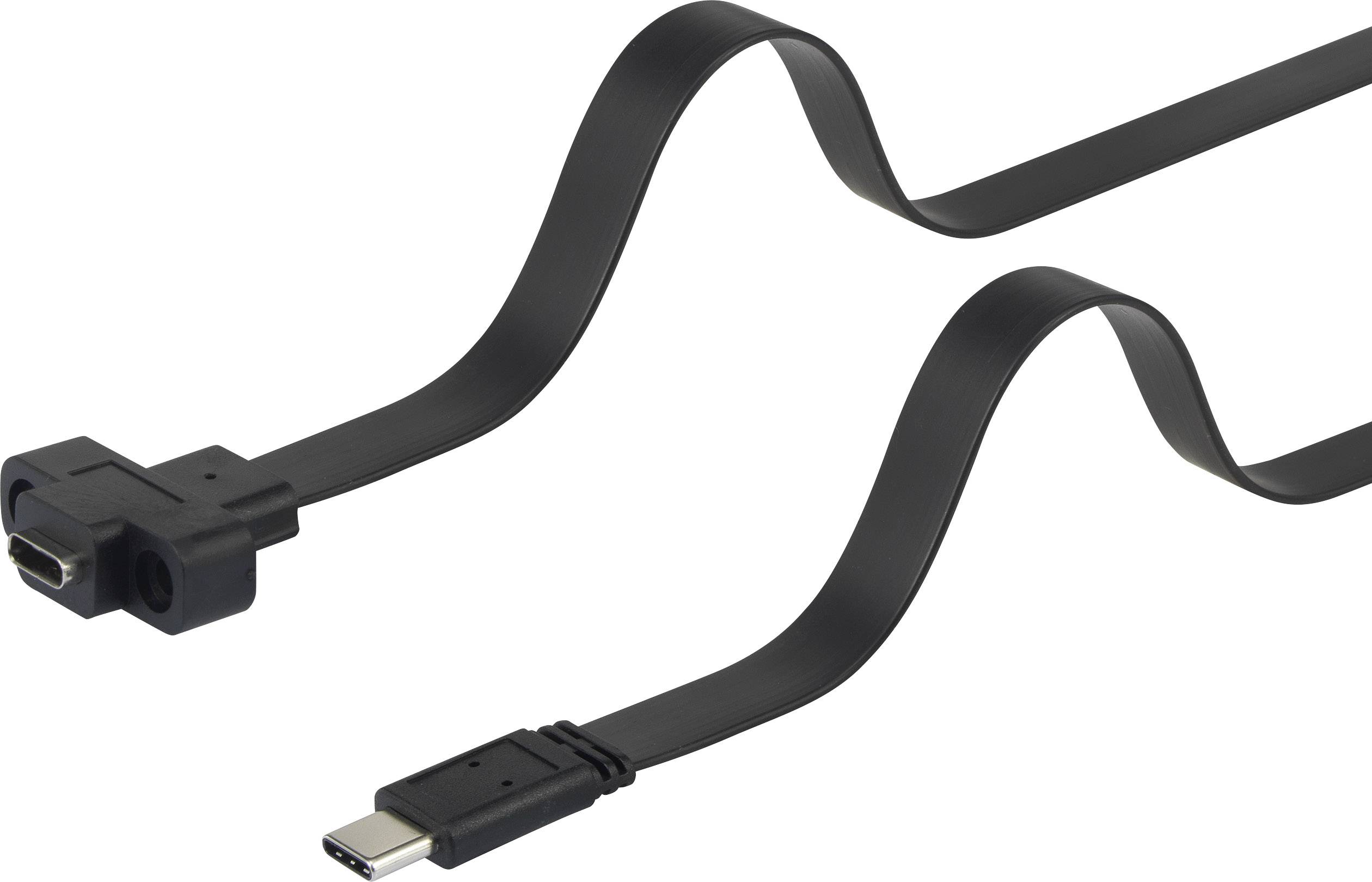 USB-C kabel s kutnim adapterom. Kabel je ravan i crn, pogodan za uske prostore ili posebne zahtjeve priključaka.
