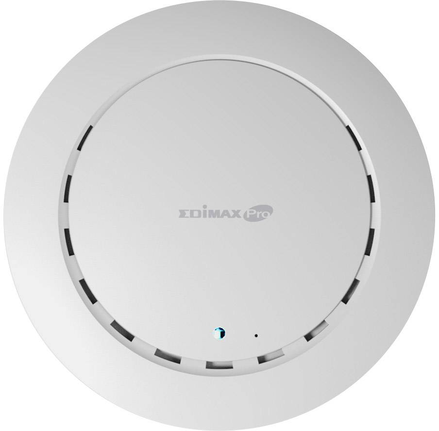 Okrugli, bijeli WLAN access point s logotipom 'Edimax Pro' u sredini; opremljen ventilacijskim prorezima i LED indikatorom.