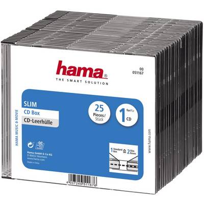 Kutija za pohranu CD-a od Hame, sadrži 25 komada, podesiva za po 1 CD. Prozirna, slagiva. Na pakiranju piše "SLIM" i "PAMETNO RJEŠENJE".
