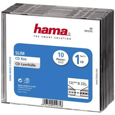 CD-prazne kutije od Hame za 10 komada, pogodne za jednu CD po kutiji, u tankom dizajnu. Pakiranje prikazuje sliku proizvoda i barkod.