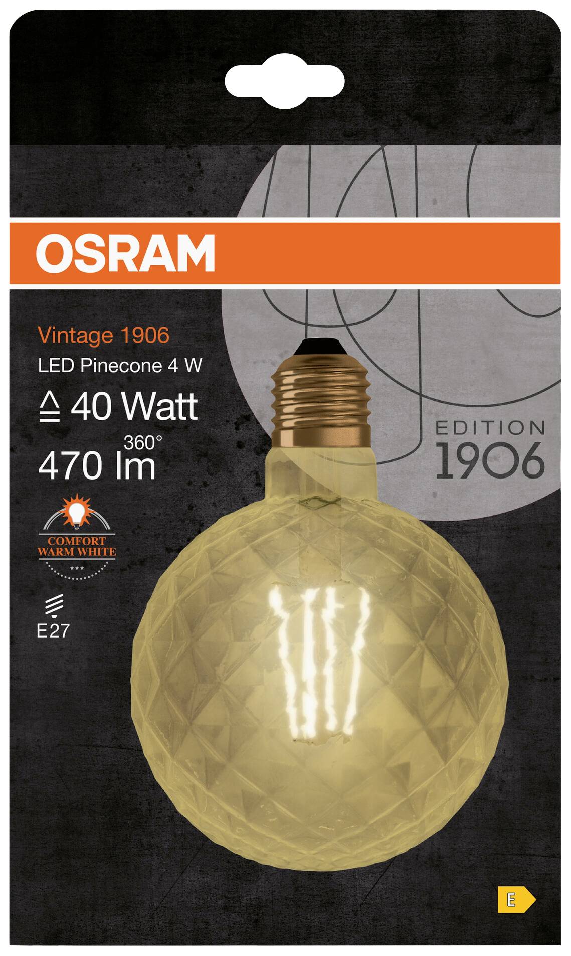 'Osram Vintage 1906 LED žarulja, 4W, 40 Watt, 470 lumena, E27. Ugodno toplo bijelo svjetlo. Izdanje 1906, oblik šišarke.'