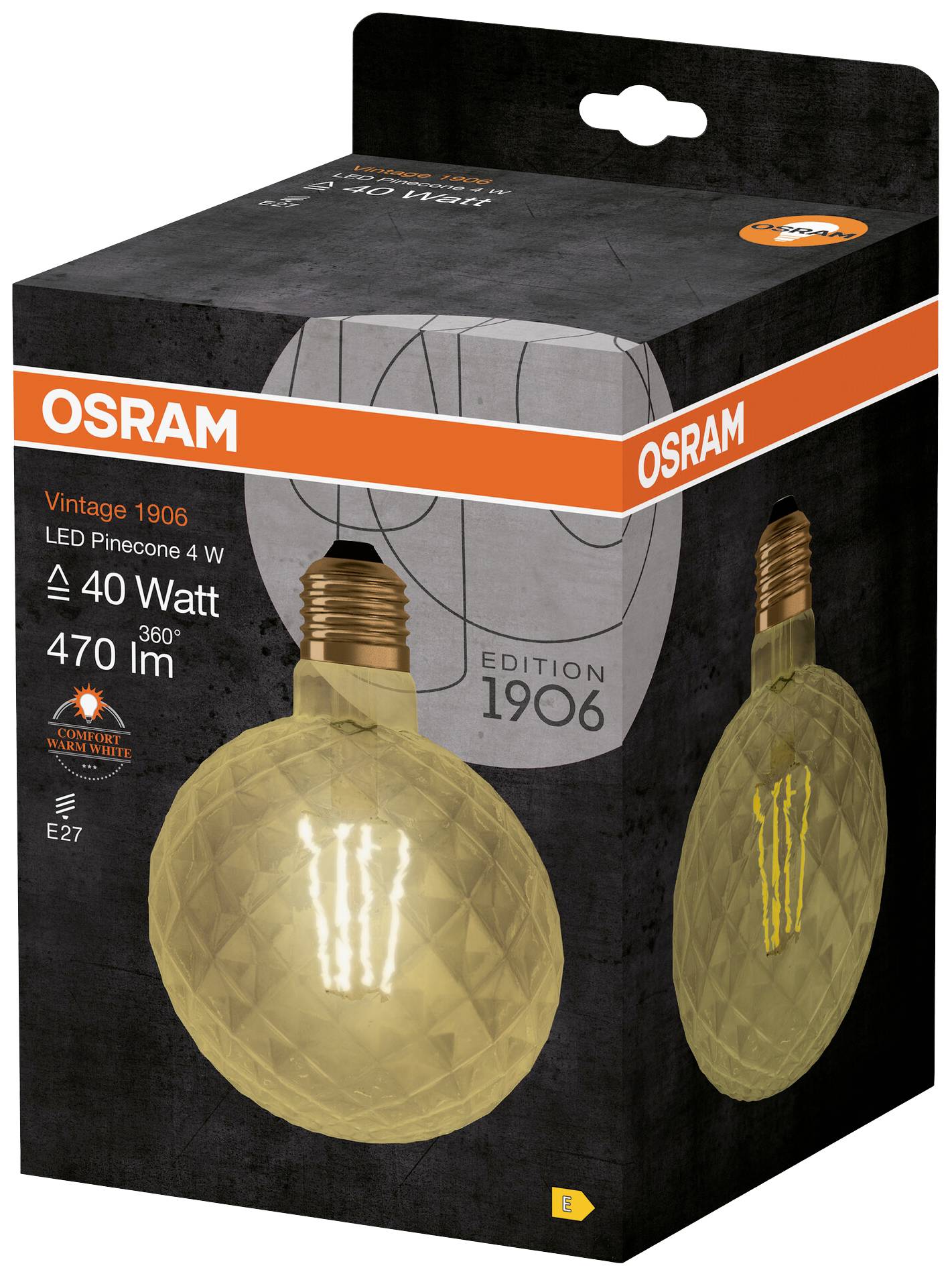 OSRAM LED žarulja, Vintage 1906 dizajn, 4W snage, ekvivalentno 40W, 470 lumena, E27 podnožje, toplo bijelo svjetlo. Pakiranju prikazuje proizvod.