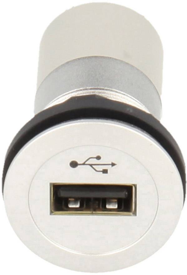 Srebrni USB punjač za punjenje s jednim USB priključkom i USB simbolom, izrađen od metala.