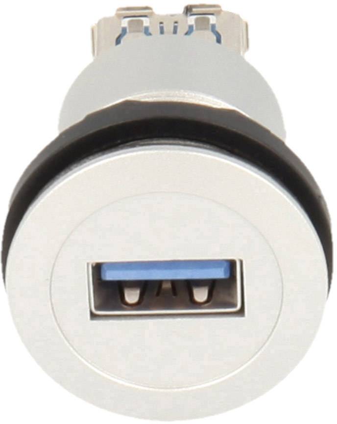 Okrugla srebrna USB utičnica s plavom unutrašnjošću, pogodna za ugradnju u ploče. Prikazuje prednji pogled na otvor za priključivanje.