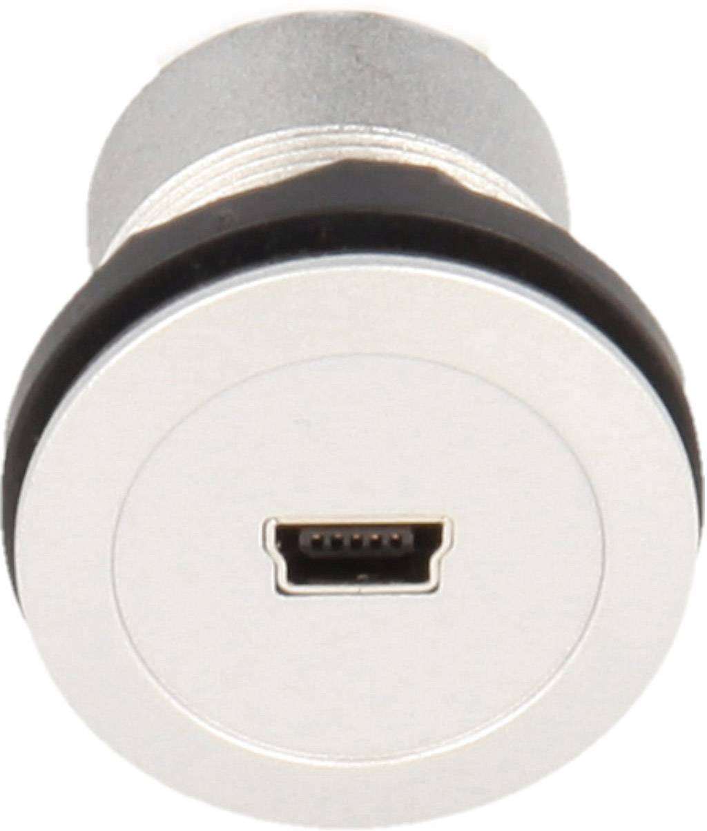 Prednji pogled na okrugli prekidač s USB Mini-B priključkom u sredini, okružen metalnim prstenom.