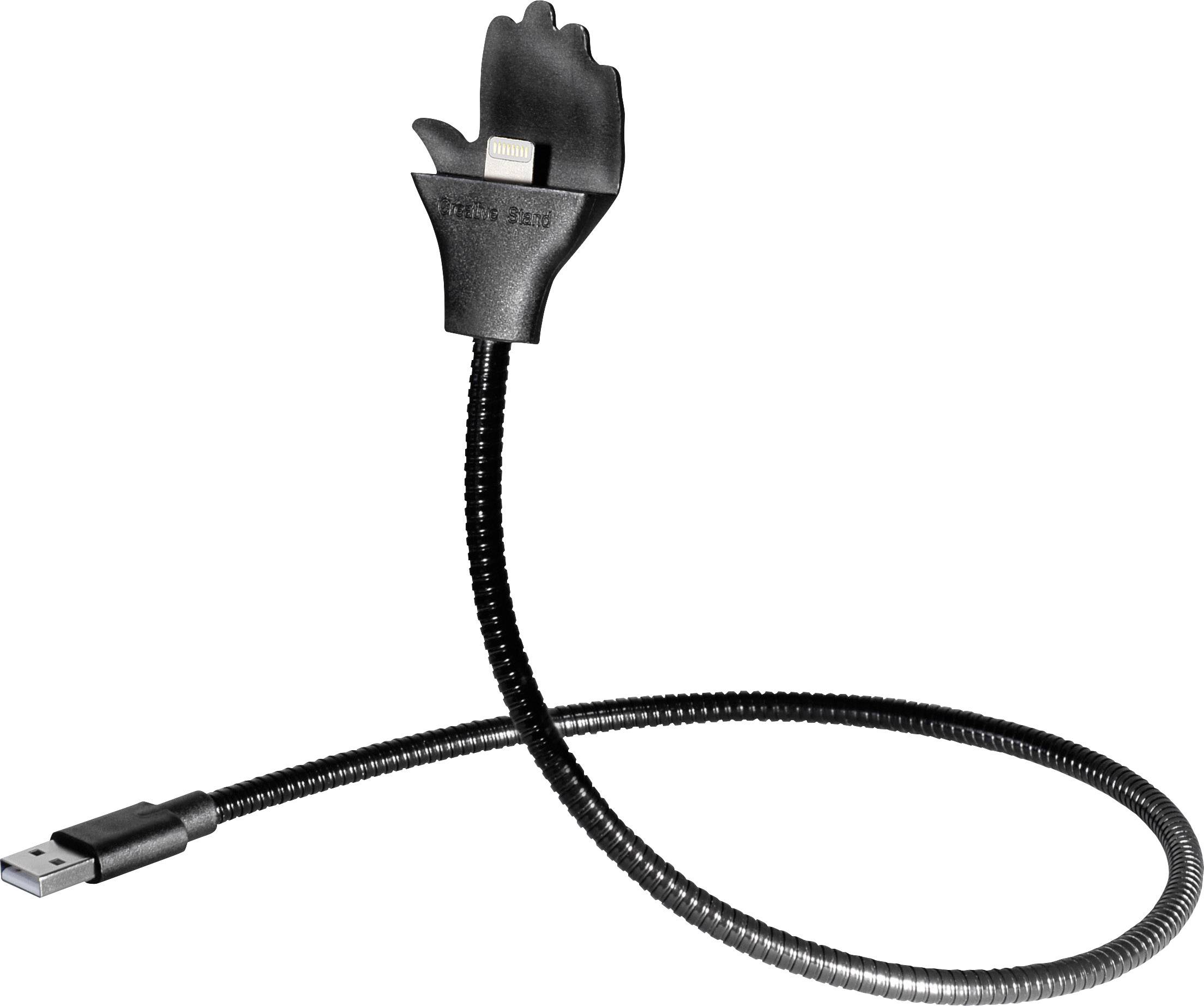Fleksibilni USB punjač kabel s oblikom ruke na kraju koji služi kao stalak za pametni telefon.