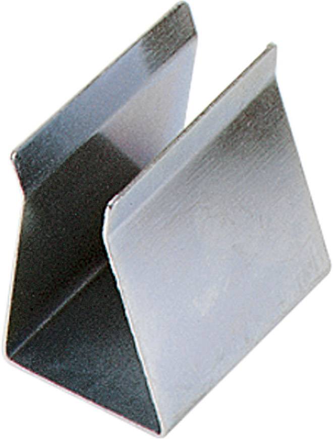 Metalna kopča u trokutastom obliku, vjerojatno za učvršćivanje ili organiziranje kabela ili dokumenata.