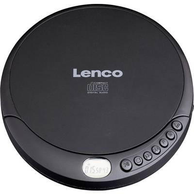 Crni prijenosni CD player marke 'Lenco' na vrhu, s tipkama za upravljanje i malim zaslonom za prikaz trajanja reprodukcije.