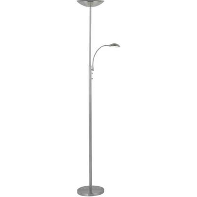 Podna lampa od brušenog srebra s dva sjenila, jednim velikim usmjerenim prema gore i manjim zakrivljenim krakom za čitanje.