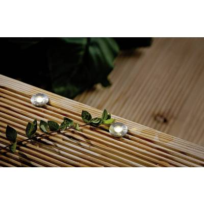 Dvije okrugle LED-lampe na drvenom palubu pokraj zelene grane. Lampe stvaraju nježno svjetlo u prirodnom ambijentu.