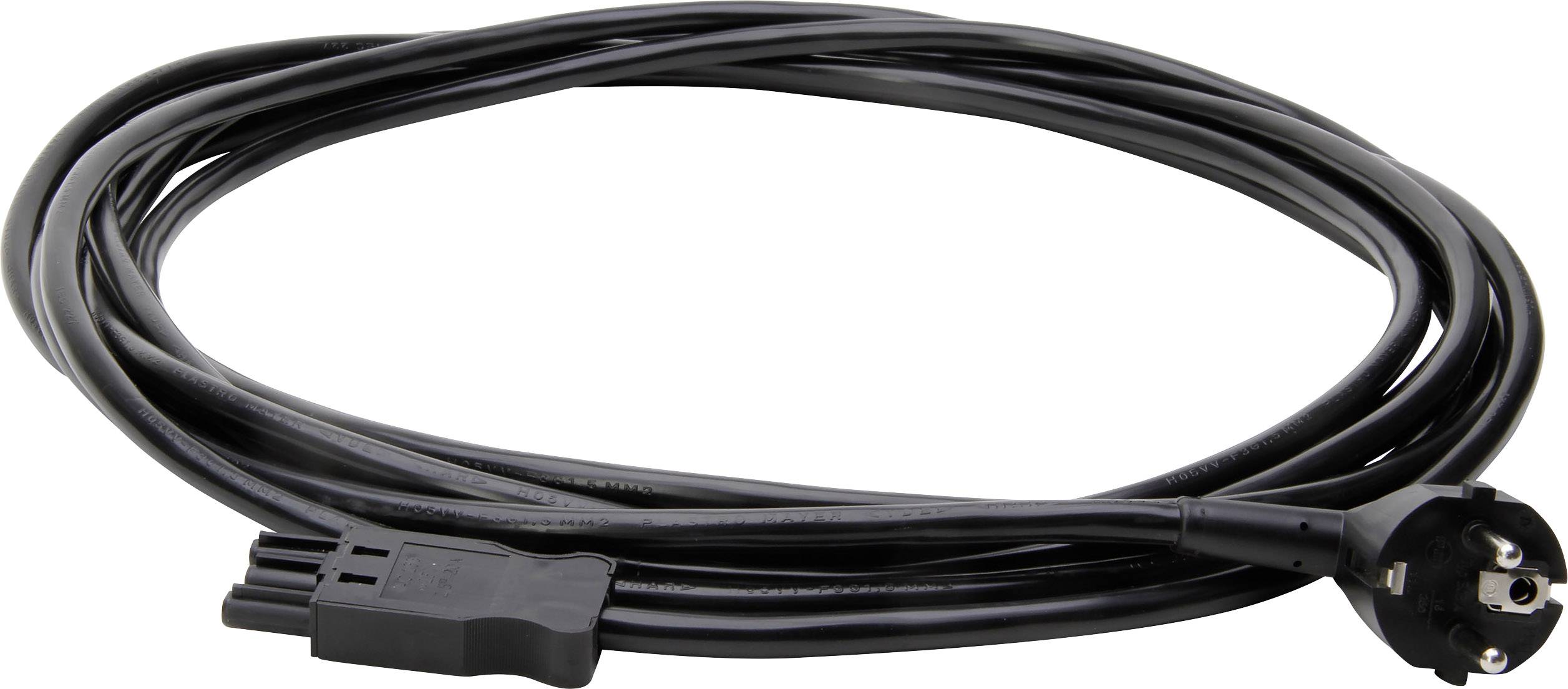 Crni električni kabel s utikačem i utičnicom, prikazan kao namotani.