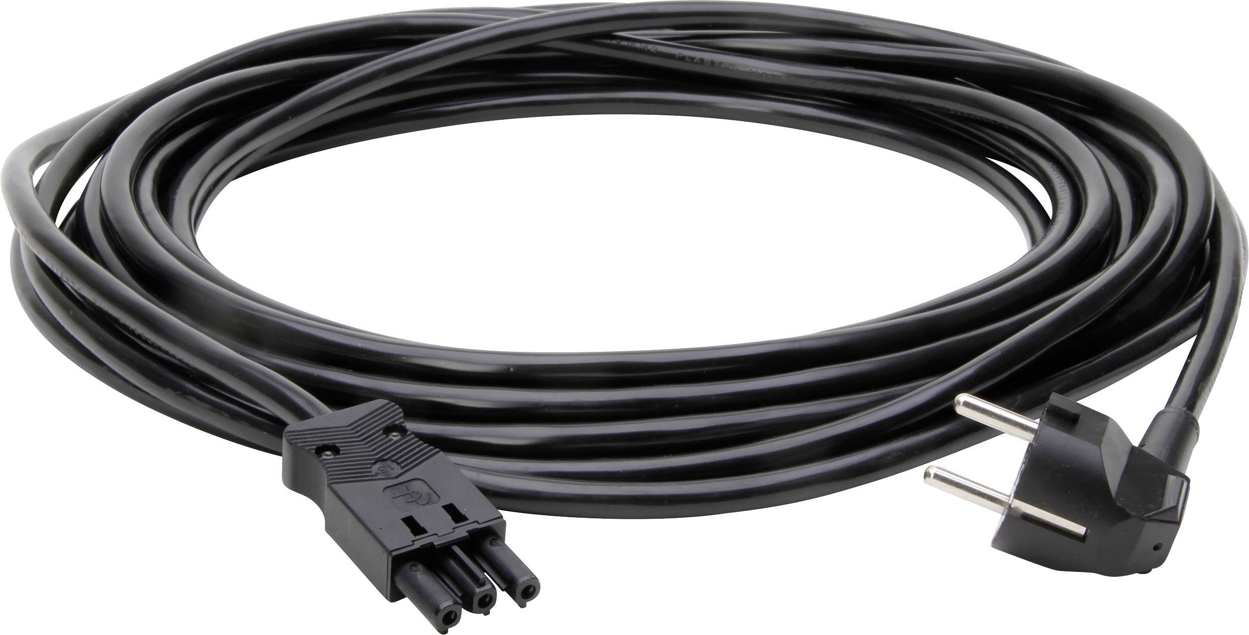 Crni mrežni kabel s europskim utikačem na jednom kraju i trofaznim utičnim priključkom na drugom kraju, namotан.