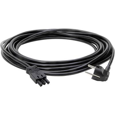 Crni mrežni kabel s europskim utikačem na jednom kraju i trofaznim utičnim priključkom na drugom kraju, namotан.