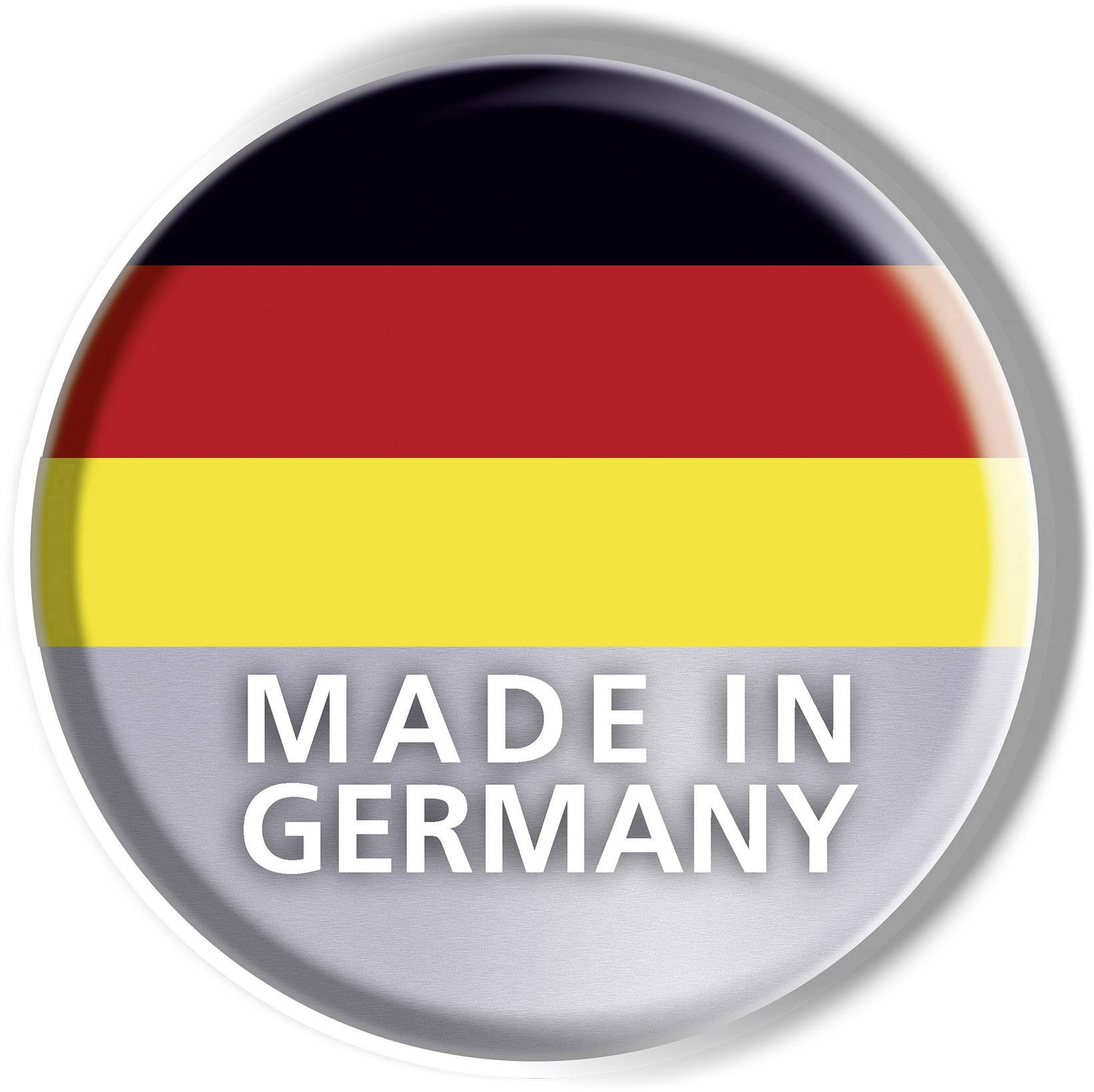 Okrugla oznaka s njemačkom zastavom u pozadini nosi natpis 'MADE IN GERMANY'.