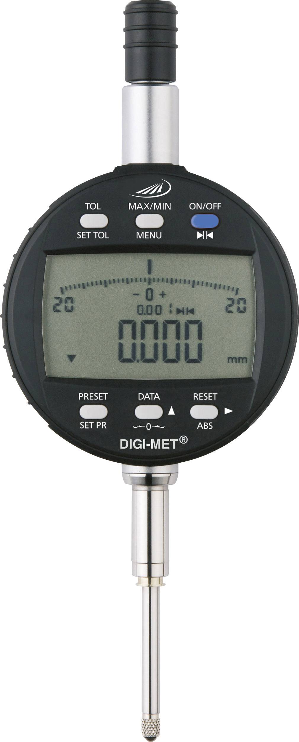 Digitalni mjerni uređaj s LCD zaslonom, prikazuje '000.0 mm'. Tipke za 'UKLJUČI/ISKLJUČI', 'POSTAVI', 'ABS'. Crno kućište, srebrna sonda na dnu.
