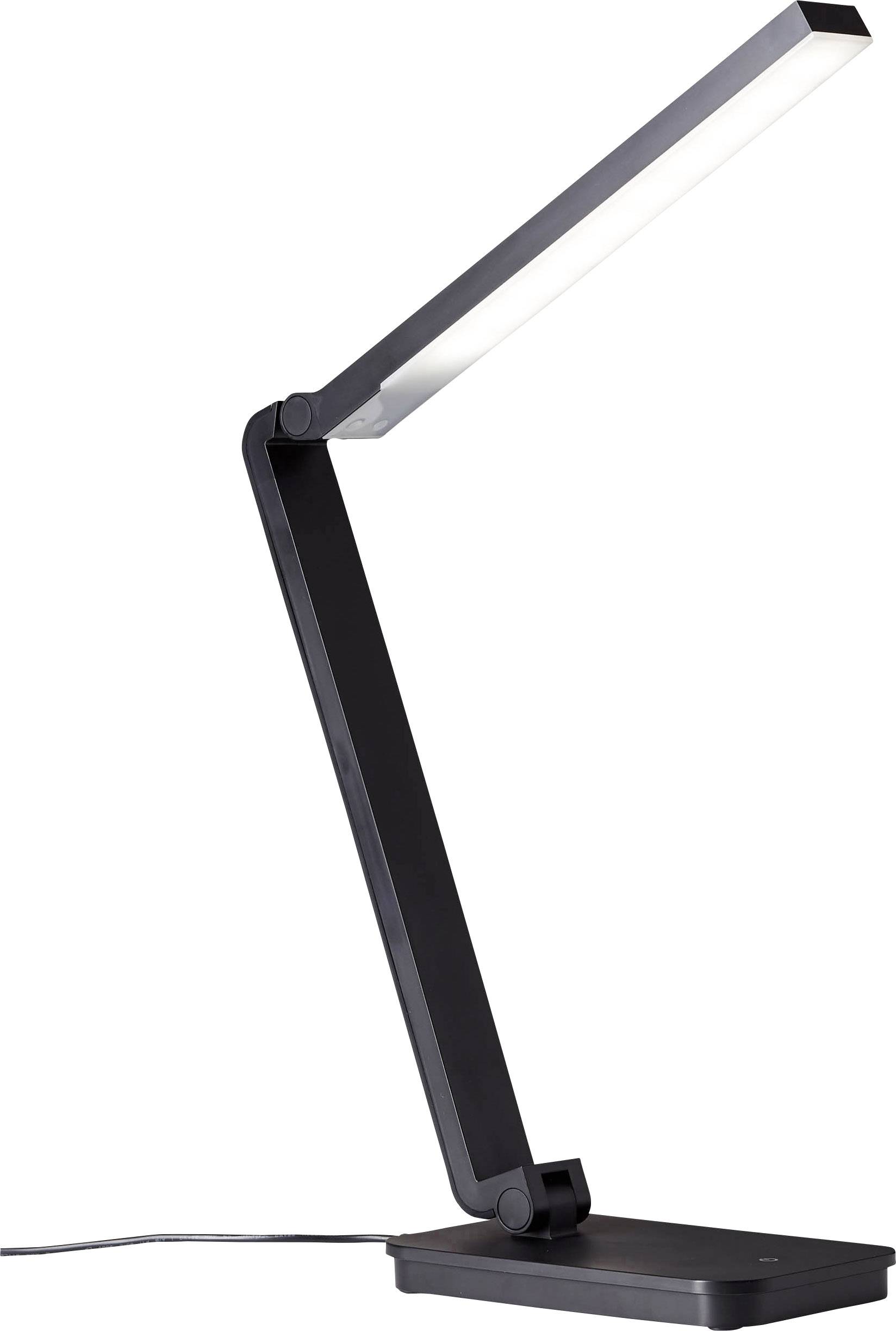 Crna, moderna, podesiva stolna lampa s L-oblikom kraka, osvjetljena LED trakom, stoji na radnom stolu.