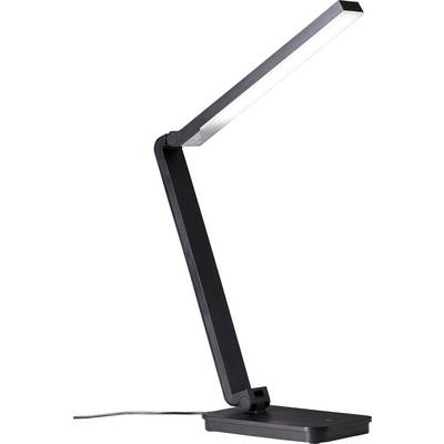 Crna, moderna, podesiva stolna lampa s L-oblikom kraka, osvjetljena LED trakom, stoji na radnom stolu.