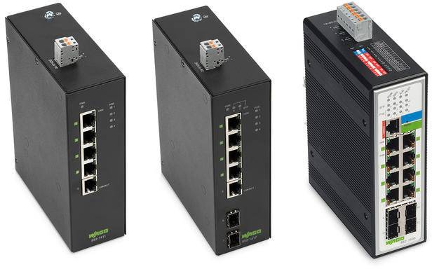 Tri industrijska mrežna switcha, svaki s više Ethernet priključaka. Jedan pokazuje obojene priključke i statusne indikatore, dok ostali imaju jednostavniji dizajn.