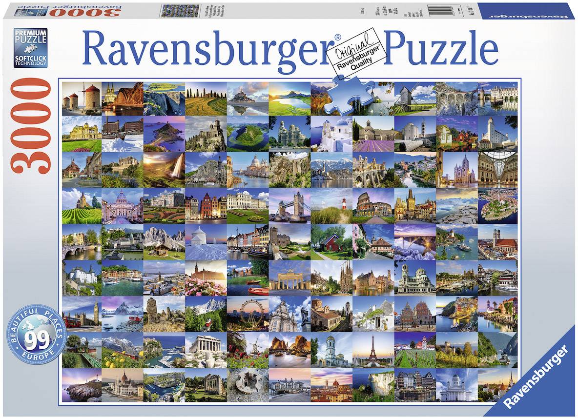 Ravensburger puzzle kutija s 3000 dijelova, prikazuje mnoštvo živobojnih europskih krajolika i znamenitosti.