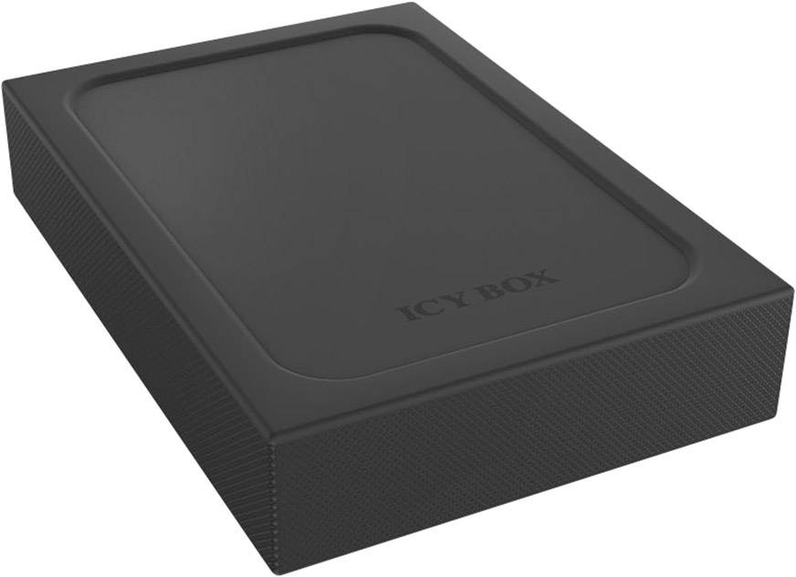 Crna vanjska kutija za tvrdi disk s natpisom 'ICY BOX'. Pravokutnog oblika, jednostavnog dizajna.