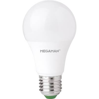Bijela LED žarulja s natpisom 'MEGAMAN' na srednjem dijelu; srebrni podножак dolje, pogodan za standardne lamp fitting-e.