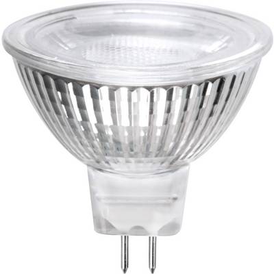 Prozirna GU10 LED žarulja s dva kontakta, često korištena za osvjetljenje spots u kućanstvima.